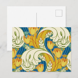Cartão Postal Arte Floral de Tulipas em Teal e Dourado no Estilo