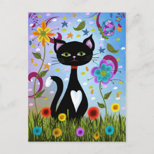Cartão Postal Arte Folclórica Abstrata: Gato Preto e Branco Enca