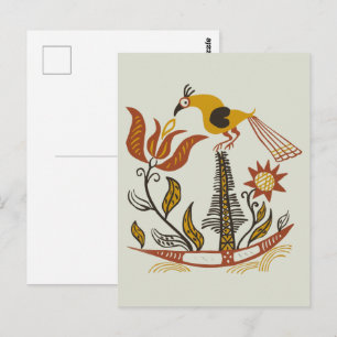 Cartão Postal Arte Folclórica Americana Vintage Tulipa Pássaro C