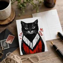 Arte Gótica de Gato Preto Vermelho Moderno Felino