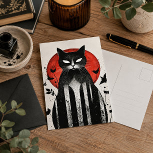 Cartão Postal Arte Gótica de Halloween Gato Preto Lua Vermelha