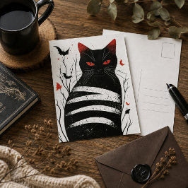 Cartão Postal Arte Gótica Gato Preto Vermelho Ilustração Felina 