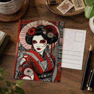 Cartão Postal Arte Gótico Inspirado em Geisha Japonesa Vermelho