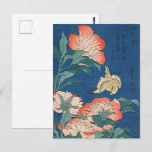 Cartão Postal Arte Japonês de Hokusai Peônias e Canário