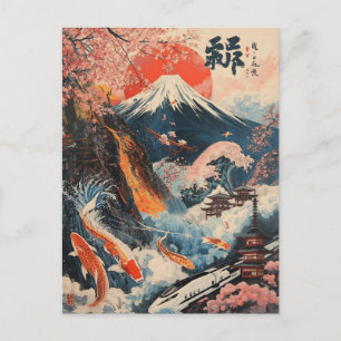 Cartão Postal Arte Japonesa Flor de Cerejeira Koi Peixe Monte Fu