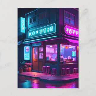 Cartão Postal Arte LoFi do Café Neon Coreano