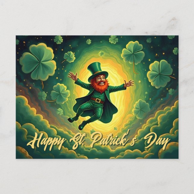 Cartão Postal Arte Mágica do Dia de São Patrício do Leprechaun (Frente)