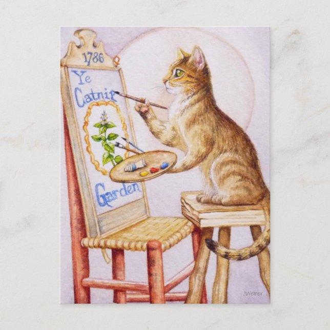 Cartão Postal Arte Marrom Tabby Artista Cat Pintura Watercolor (Frente)