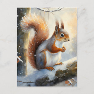 Cartão Postal Arte Moderna Esquilo Inverno Nevado