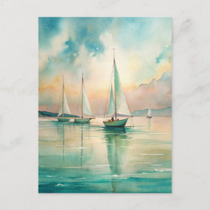 Cartão Postal Arte Náutica de Barcos à Vela Pastel Pacífico
