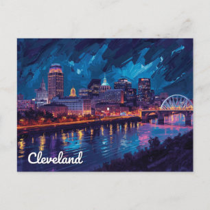 Cartão Postal Arte Noturna do Rio Cleveland Ohio