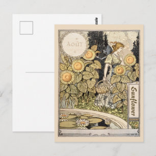 Cartão Postal Arte Nova Antiga Jardim de Girassóis Grasset Mulhe