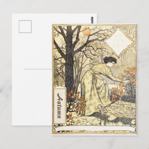Cartão Postal Arte Nova Vintage Novembro Jardim de Outono Mulher