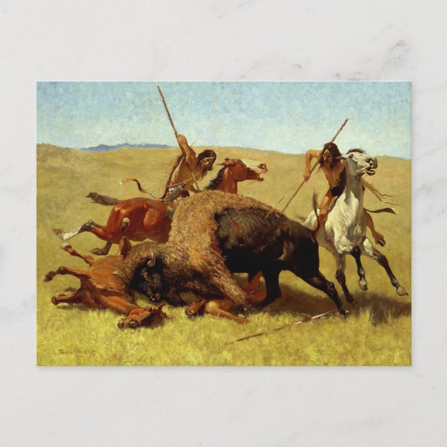 Cartão Postal Arte Ocidental de Frederic Remington “Caça ao Búfa (Frente)