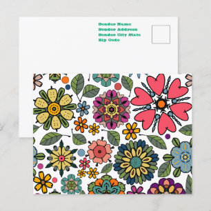 Cartão Postal Arte Padrão Moderna de Desenho Retro Floral Invisí
