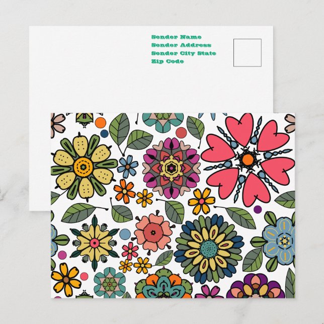 Cartão Postal Arte Padrão Moderna de Desenho Retro Floral Invisí (Frente/Verso)