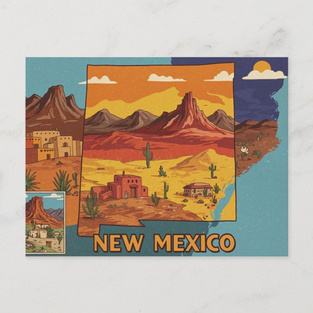 Cartão Postal Arte Paisagem do Novo México | Mapa de Estado Ilus (Frente)