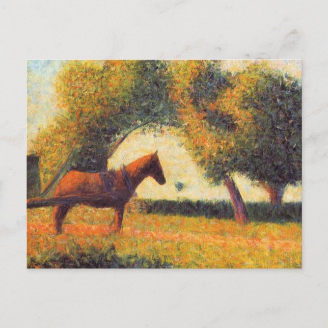 Cartão Postal Arte pontilhista de pintura a cavalo e a carrinho (Frente)