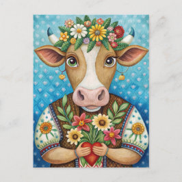 Cartão Postal Arte popular de aniversário com vaca do coração 