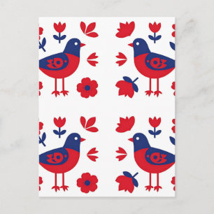 Cartão Postal Arte Popular Padrão Floral Pássaro Azul Vermelho