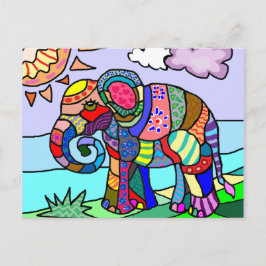 Cartão Postal Arte popular pintura artística de elefante colorid