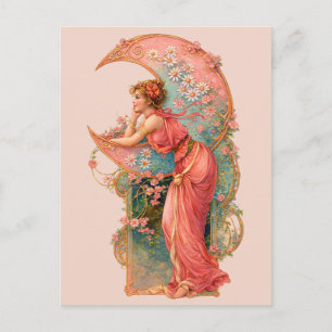 Cartão Postal Arte Retro Art Nouveau Mulher & Lua Crescente