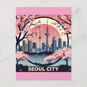 Cartão Postal Arte retrô da moderna paisagem urbana de Seul, Cor