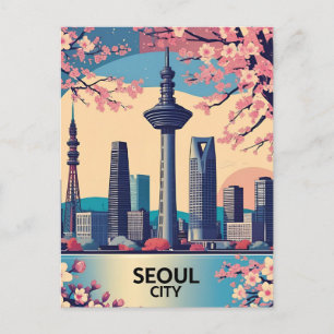 Cartão Postal Arte retrô da moderna paisagem urbana de Seul, Cor