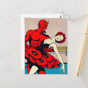 Cartão Postal Arte retrô do diabo com dançarina em um vestido ve