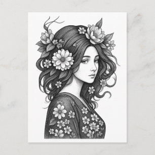 Cartão Postal Arte Romântica Floral Feminina em Linhas