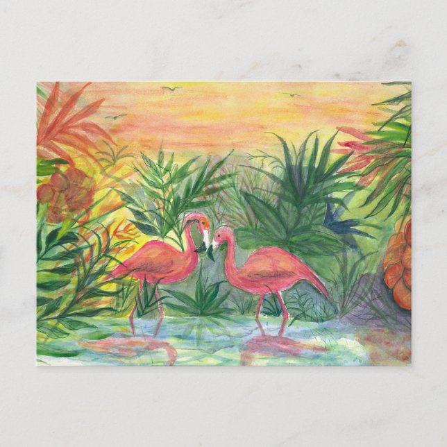 Cartão Postal Arte Rosa Flamingos (Frente)