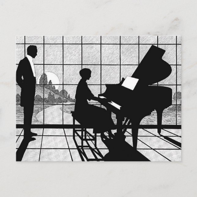 Cartão Postal Arte Silhueta de Piano Estilo Art Déco | Preto e B (Frente)