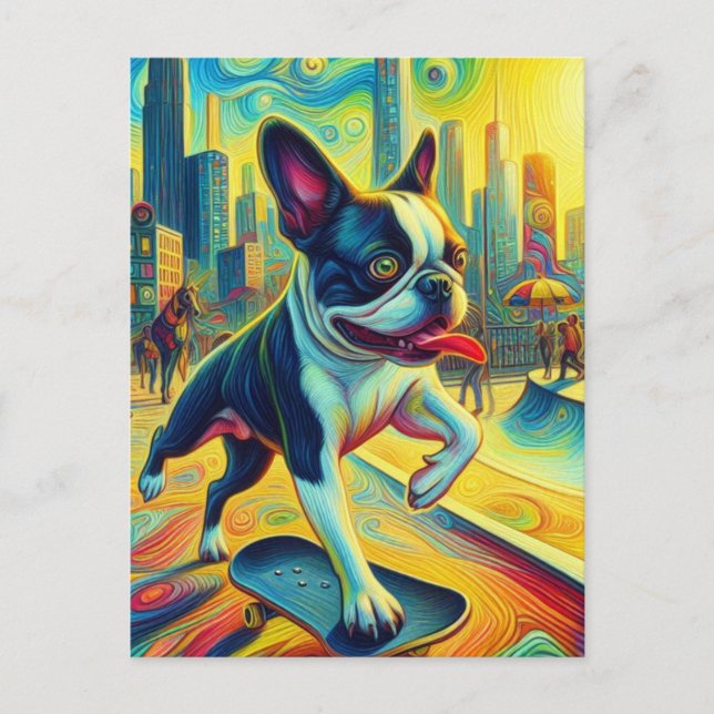 Cartão Postal Arte Surreal Colorida de Boston Terrier Skateboard (Frente)