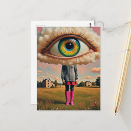 Cartão Postal arte surrealista cabeça nas nuvens globo ocular