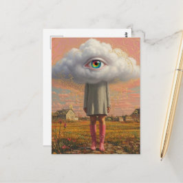 Cartão Postal arte surrealista cabeça nas nuvens senhora
