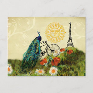 Cartão Postal Arte Vintage de Pavão com Torre Eiffel