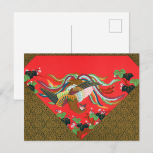 Cartão Postal Arte Vintage do Pássaro Fênix Vermelho Japonês G.A