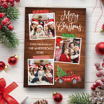 Cartão Postal Artesanato de Caligrafia Frio de Banda Frio Natal<br><div class="desc">A caligrafia moderna do roteiro Feliz Natal 3 Colagem de fotos com cartão postal de feriado de fita de Artesanato. Watercolor Vintage Red Truck com Árvore de Natal. Madeira russa do campo.</div>