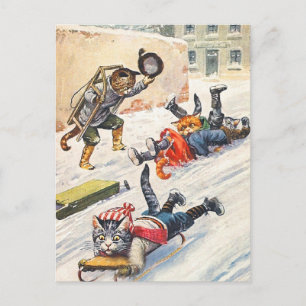 Cartão Postal Arthur Thiele - Gatos Antropomórficos de Bobsledin