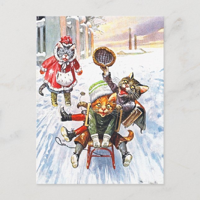 Cartão Postal Arthur Thiele - Gatos indo Descida com neve (Frente)