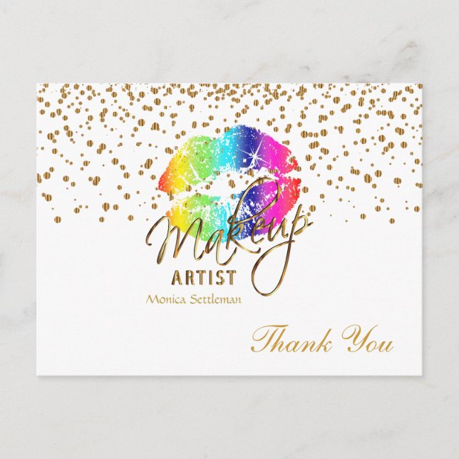 Cartão Postal Artista de Maquiagem  Lábios Arco-íris em Branco (Frente)