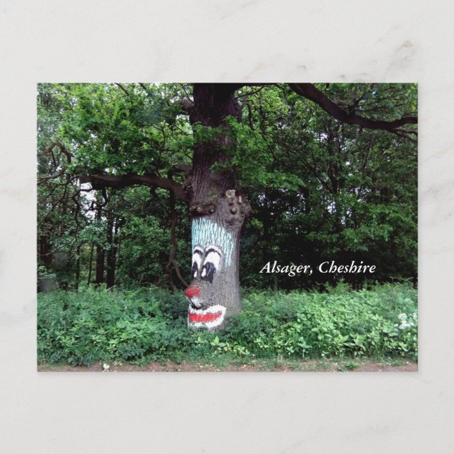 Cartão Postal Árvore Alsager com Cartaz de Rosto (Frente)
