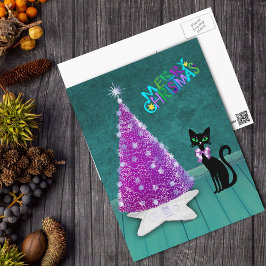 Cartão Postal Árvore Atômica de Natal Prata Rosa Gato Preto Verd