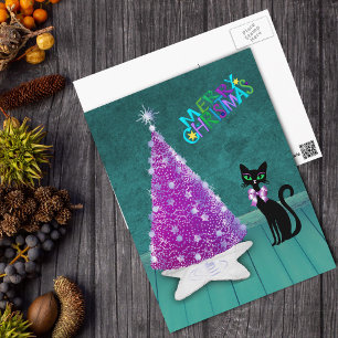 Cartão Postal Árvore Atômica de Natal Prata Rosa Gato Preto Verd