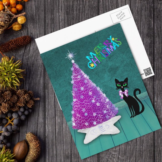 Cartão Postal Árvore Atômica de Natal Prata Rosa Gato Preto Verd (Sparkle silver pink tree on star rug, black atomic cat in teal room on Merry Christmas postcard.)