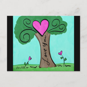 Cartão Postal Árvore de amor por aquarela com coração e flores