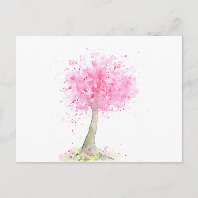 Cartão Postal Árvore de cereja rosa aquarela (Frente)