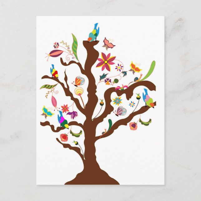 Cartão Postal Árvore de flores e aves postais (Frente)