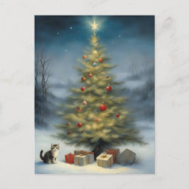 Cartão Postal Árvore de Natal ao ar livre com Kitten e Presentes