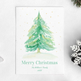 Cartão Postal Árvore de Natal Aquarela com neve Dourada